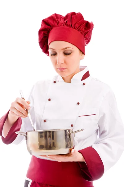 Chef tasting her food — Stock Photo, Image