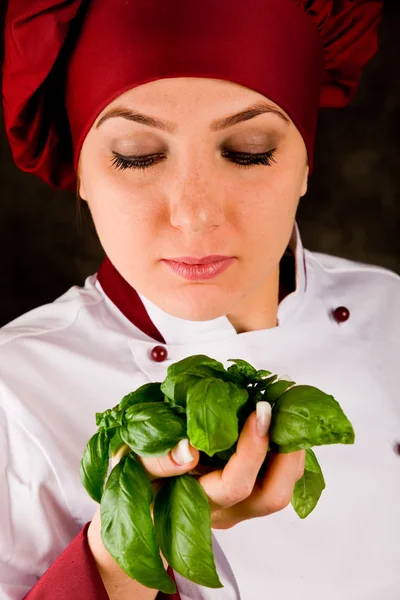 Chef is controlling basil quality — Stock Photo, Image