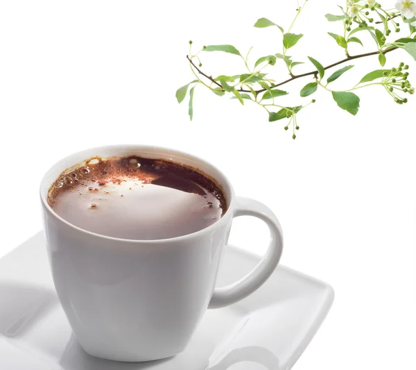 Tasse schwarzen Kaffee und Blume — Stockfoto