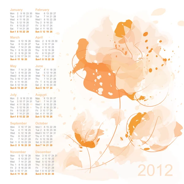 Calendar 2012 with watercolor flowers — Stock Vector