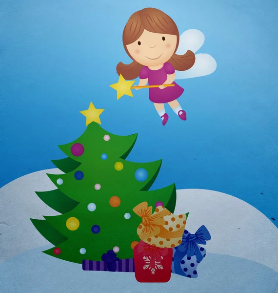 Julgran och fairy vintage cartoon — Stockfoto