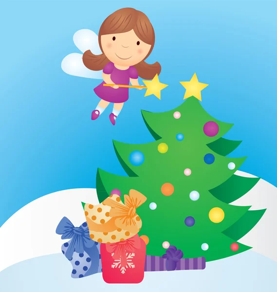 Vánoční strom a kreslené vektorové víla — Stockový vektor