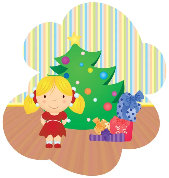 Vetor menina dos desenhos animados e árvore de Natal com presentes — Vetor de Stock