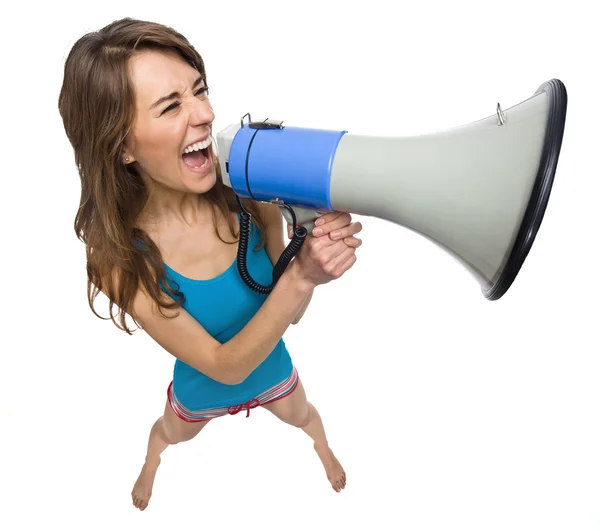 Menina gritando Notícias em um megafone — Fotografia de Stock
