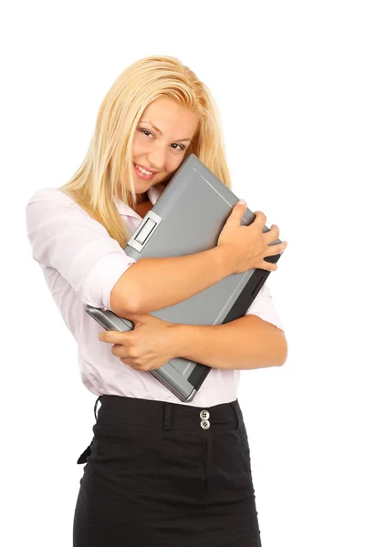 그녀의 휴대용 퍼스널 컴퓨터와 오피스 레이디 inlove — 스톡 사진