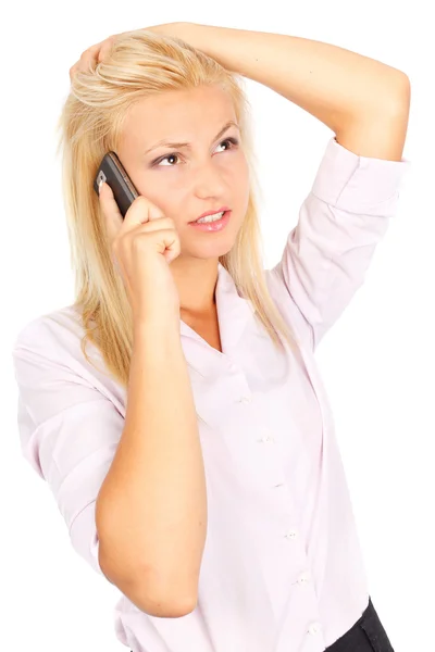 Стрессовая деловая женщина по телефону — стоковое фото