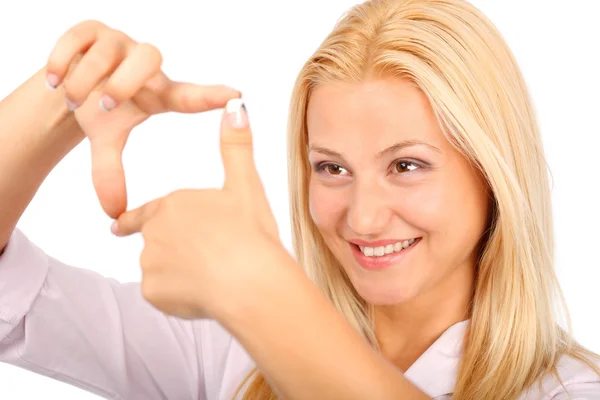 Schöne Mädchen mit ihren Fingern umrahmen — Stockfoto