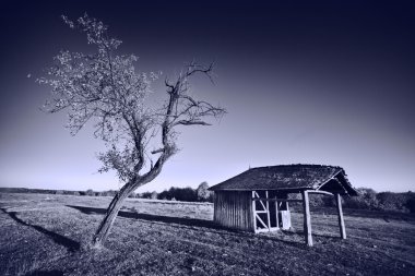 Monochrome toned image of old wooden shelter clipart