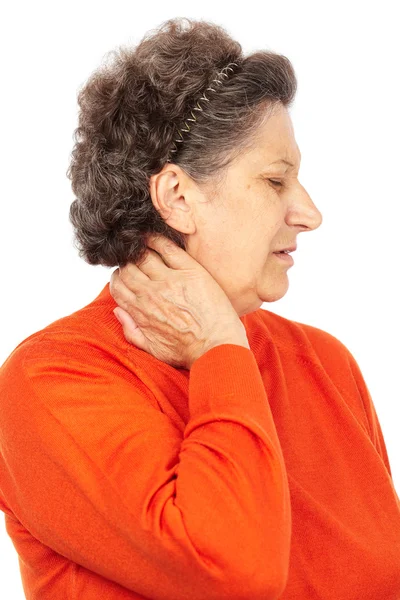 Seniorin mit Nackenschmerzen — Stockfoto