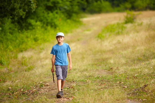 Мальчик, гуляющий в лесу — стоковое фото