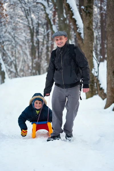 父亲和儿子一起雪橇 — 图库照片