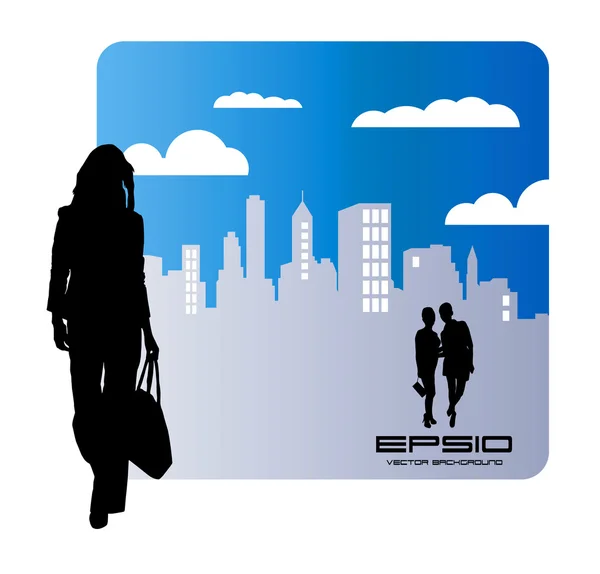 Illustration of woman with city in background — Stock Vector