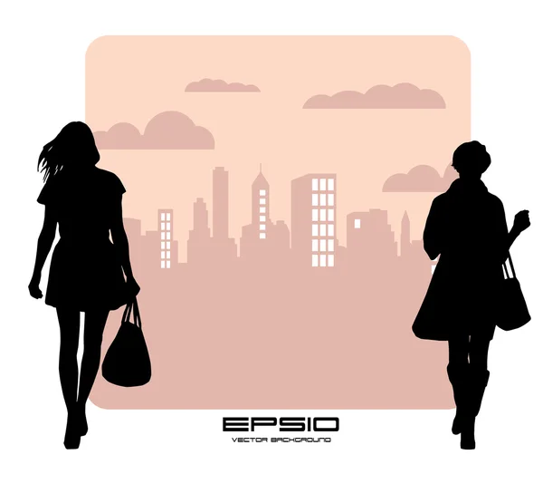 Ilustração de mulher com cidade em segundo plano —  Vetores de Stock