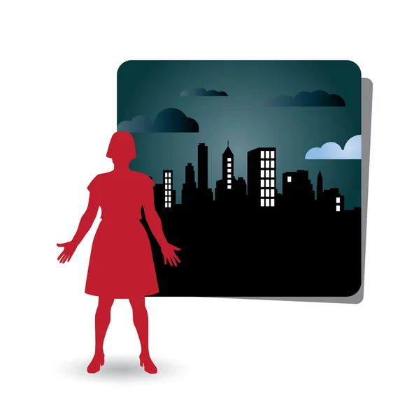 Illustration av kvinna med staden i bakgrunden — Stock vektor
