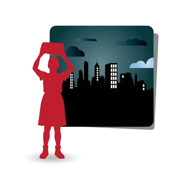 Illustratie van vrouw met stad op achtergrond — Stockvector