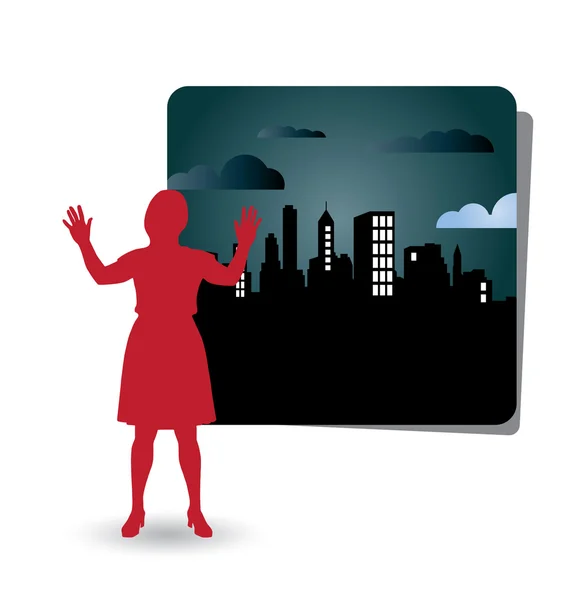 Illustration of woman with city in background — Stock Vector