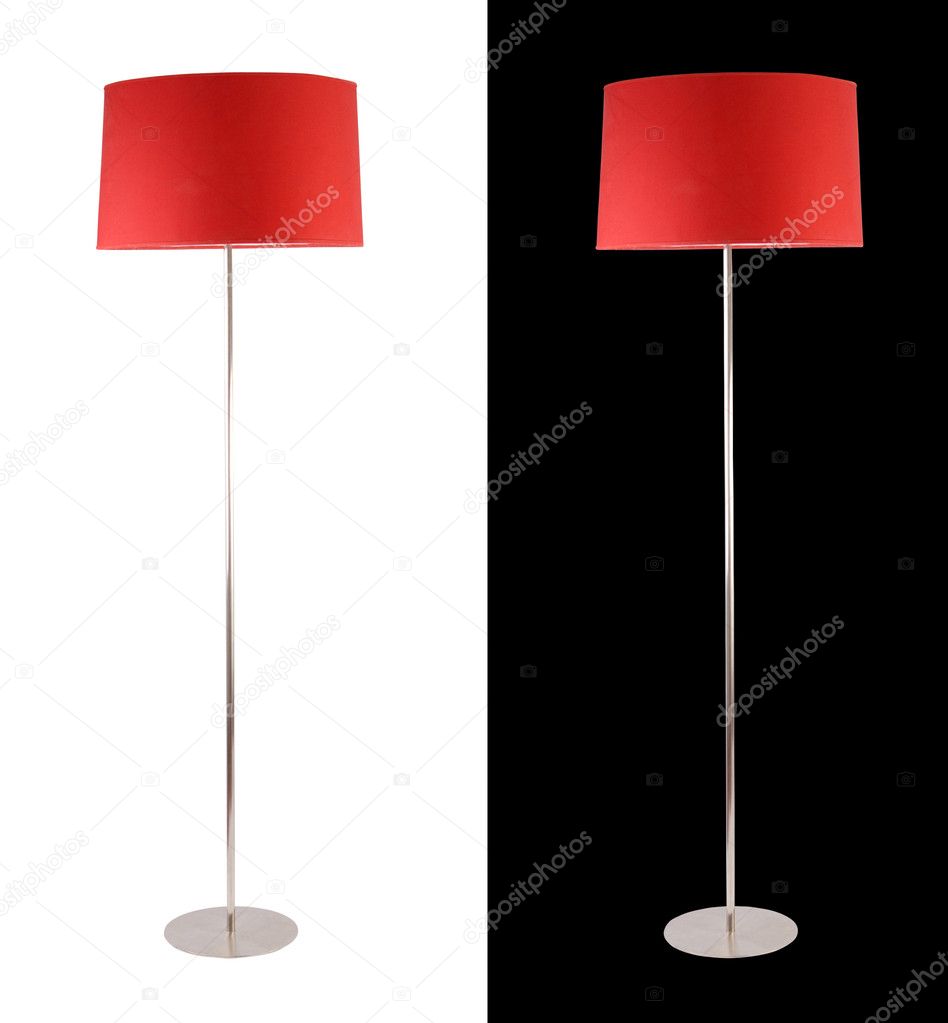 Modern red floor lamp isolated over white and black backgrounds