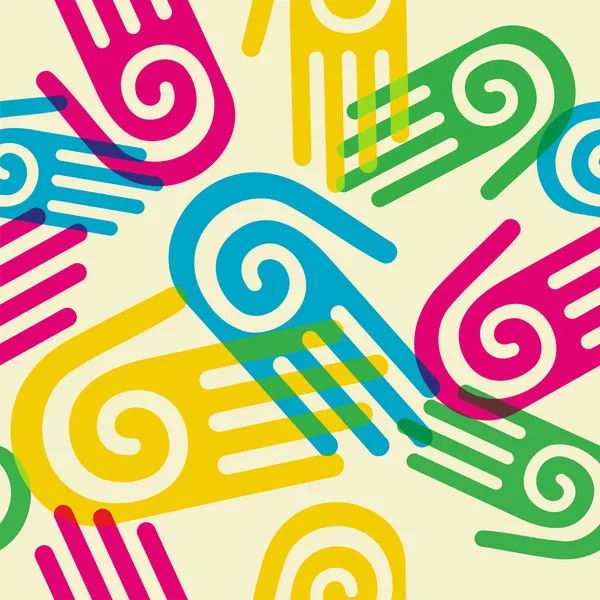 Patrón colorido manos con símbolo espiral — Vector de stock