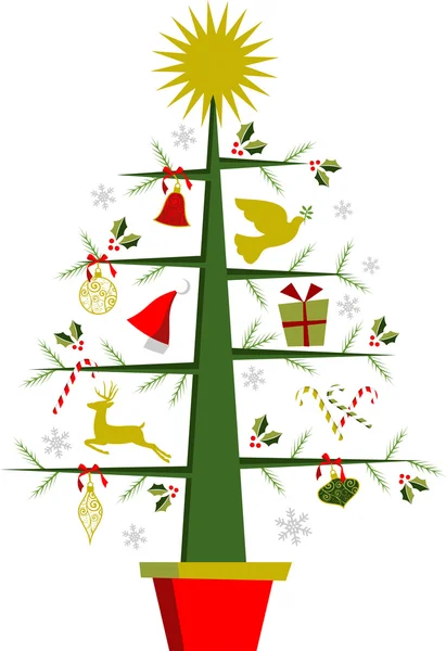 Χριστουγεννιάτικο δέντρο με σύμβολα και διακοσμήσεις — Διανυσματικό Αρχείο