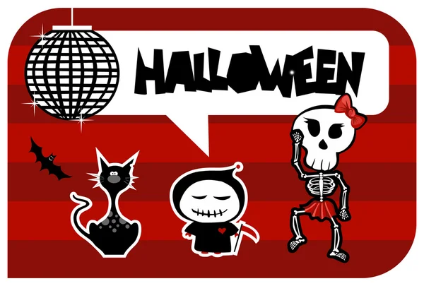 Divertida tarjeta de felicitación de monstruos bailando halloween — Vector de stock