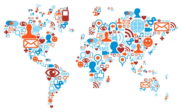 Světová mapa tvar s sociální media ikon — Stockový vektor