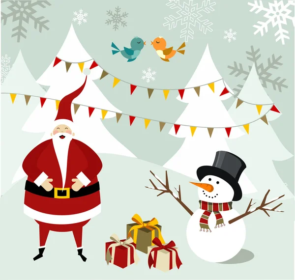 Santa claus en sneeuwpop kerstkaart. — Stockvector