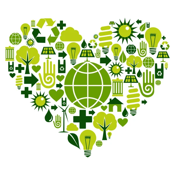 Grünes Herz mit Umwelt-Symbolen — Stockvektor