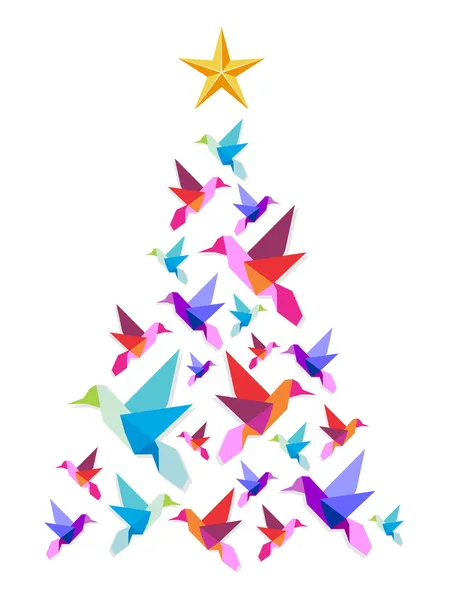 Origami hummingbirds Christmas tree. — Stock Vector
