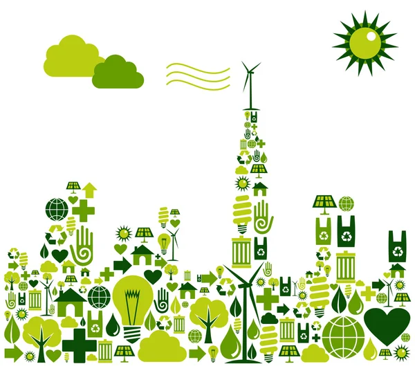 Grüne Stadtsilhouette mit Umwelt-Ikonen — Stockvektor