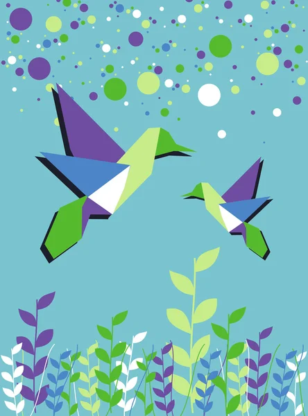 Origami colibrí pareja primavera tiempo — Vector de stock