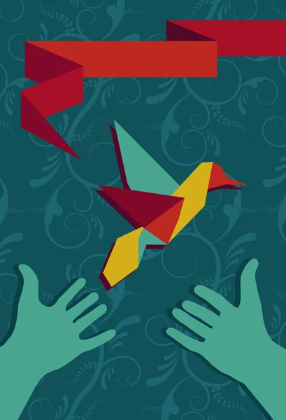 Hand and origami hummingbird — Stock Vector