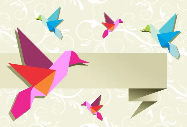 Origami hummingbird grupo com banner —  Vetores de Stock