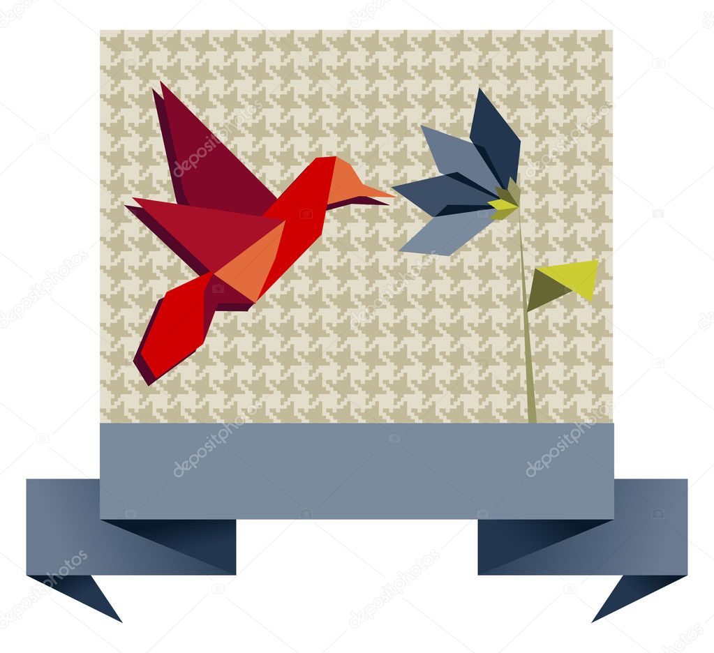 Single Origami hummingbird over textile pattern