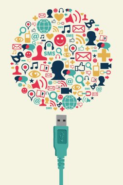 Social media icons in Globe shape with USB plug