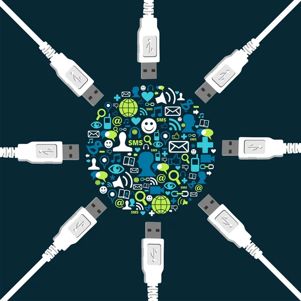 Soziale Ikone Kreis Form von USB-Drähten umgeben — Stockvektor