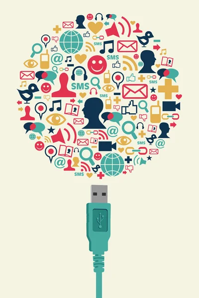 Szociális média ikonok földgömb alakú USB dugó — Stock Vector