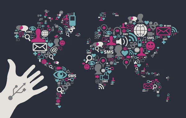 USB ruka dosáhne mapa světa sociálních médií — Stockový vektor