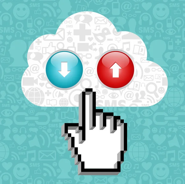 Cloud computing knop en cursor hand. — Stockvector