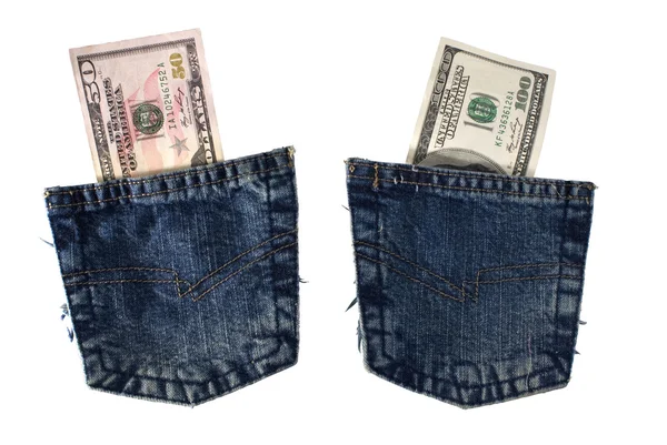Blue jeans pockets with dollars. — Stok fotoğraf