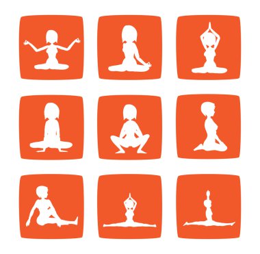 Kız pratik yoga duruş dokuz Icons set