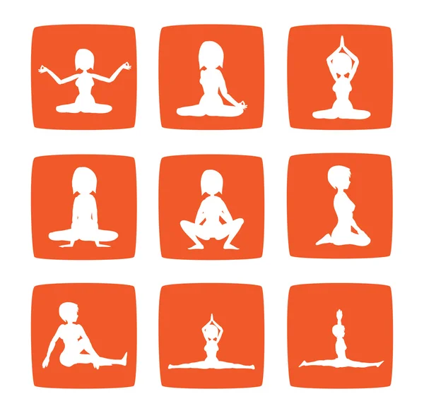 Nueve iconos conjunto de chicas practicando posturas de yoga Imágenes de stock libres de derechos