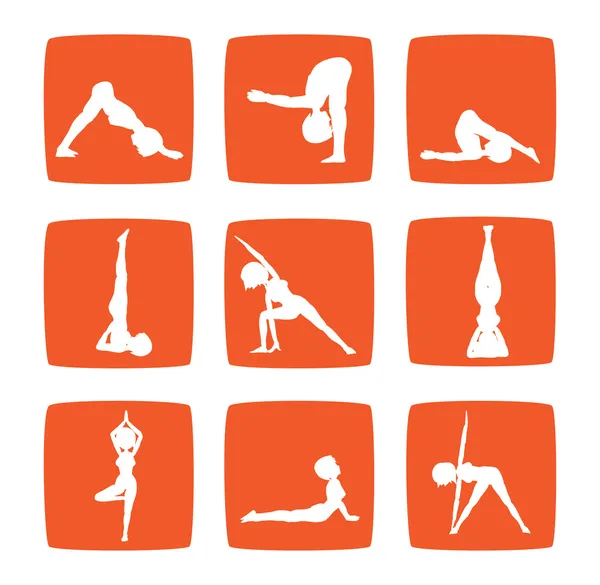 Conjunto de iconos de chica de dibujos animados practicando yoga Imagen de archivo