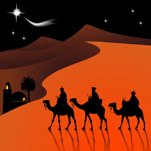 Klassieke drie magische scène en stralende ster van Bethlehem. — Stockvector