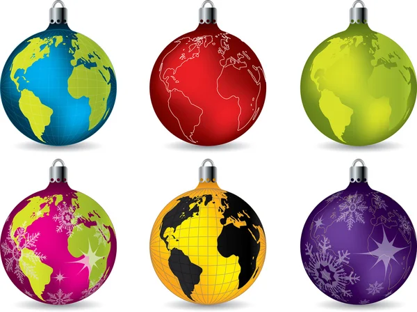 Shiny christmas decorations with world map — Stock Vector
