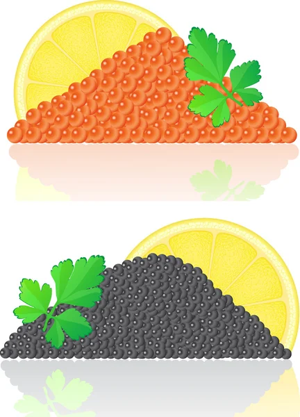 Roter und schwarzer Kaviar mit Zitrone und Petersilie — Stockfoto