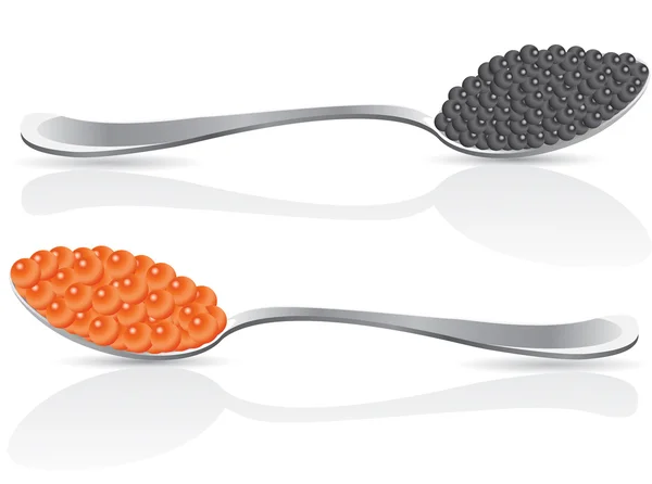 Caviar vermelho e preto na colher — Fotografia de Stock