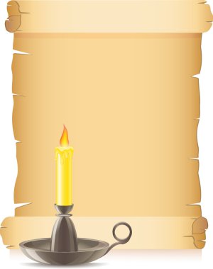 Old paper and conflagrant candle in a candlestick clipart