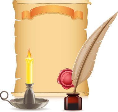 Old paper conflagrant candle and feather with inks clipart