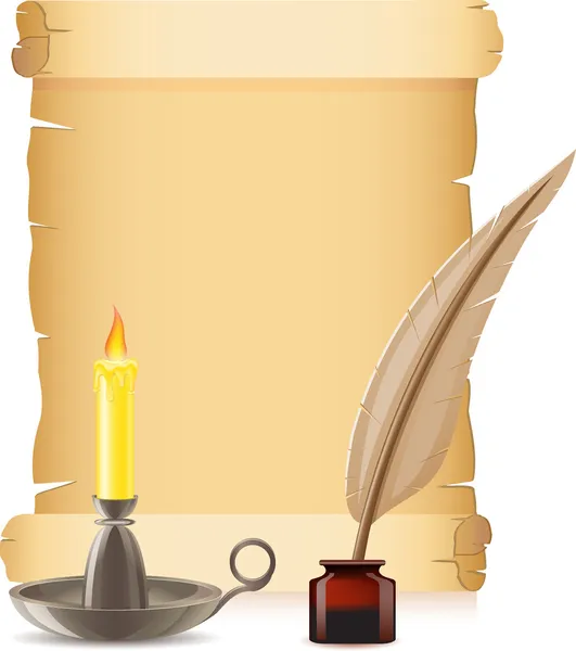 Старі паперові свічки та пір'я з чорнилами — стоковий вектор