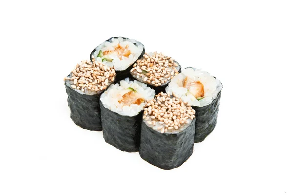 Close-up van maki sushi rolt met paling en sesam — Stockfoto